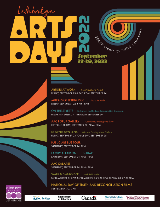 Black poster with 70s rainbow stripes with arts days schedule.
