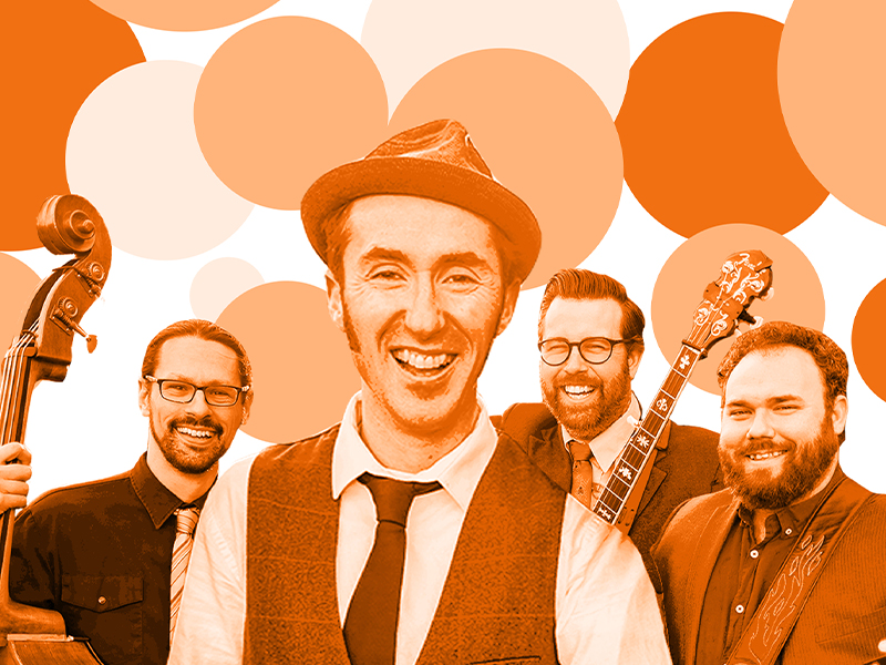 a photo of Gordie MacKeeman and his Rhythm Boys smiling with an orange tone and circles in the background