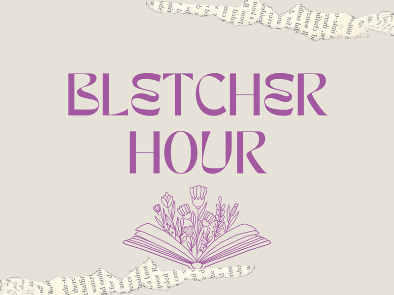 Purple Text with a decorative font saying "Bletcher Hour", below is the purple lined illustration of an open book