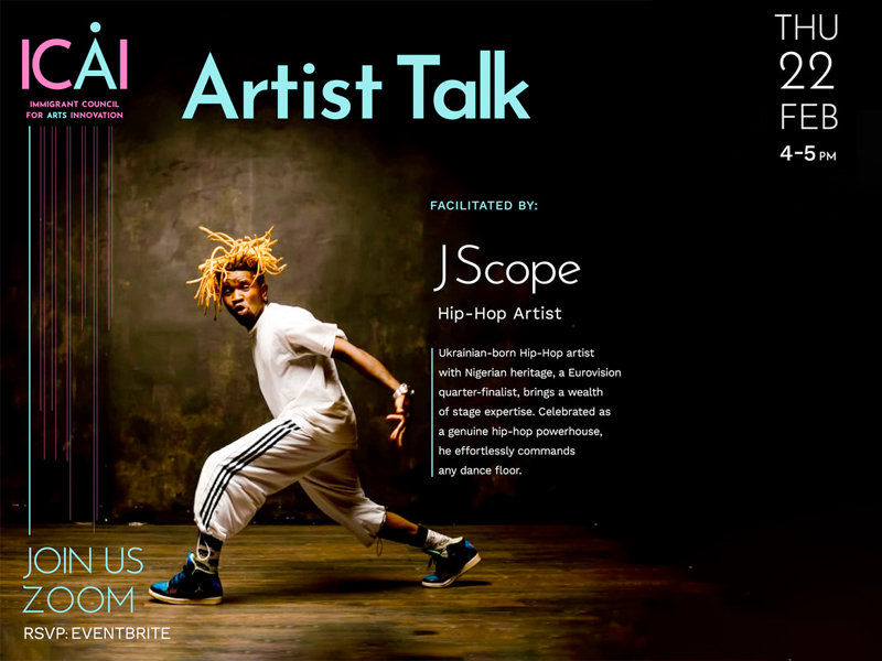 A male dancer with orange dreads and dark skin tone wearing white clothes in mid dance, a black background with text starting " ICAI Artist Talk" in light blue lettering