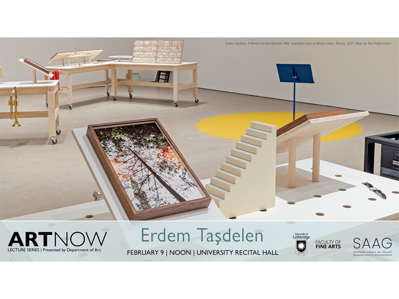 A gallery with various works of art through out. A text bar below with " ARTNOW: Erdem Taşdelen