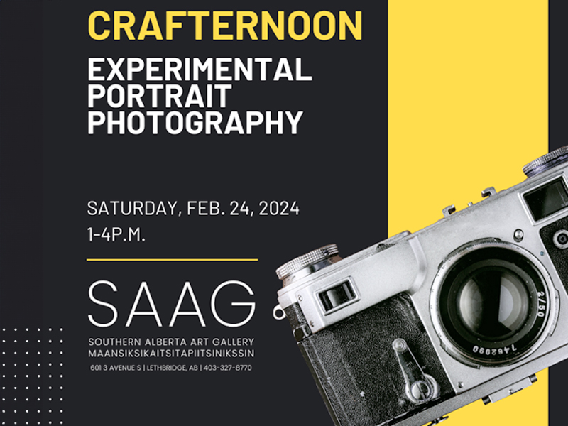 a photo of an old Nikon film camera entering from the bottom right frame, a yellow bar passing behind it and text on the opposite side stating "Crafternoon experimental portrait photography"