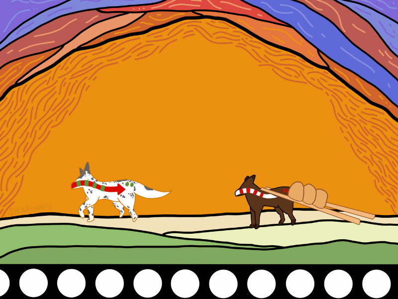 beautiful Indigenous art work depicting a sunset and 2 horses, one with a cart