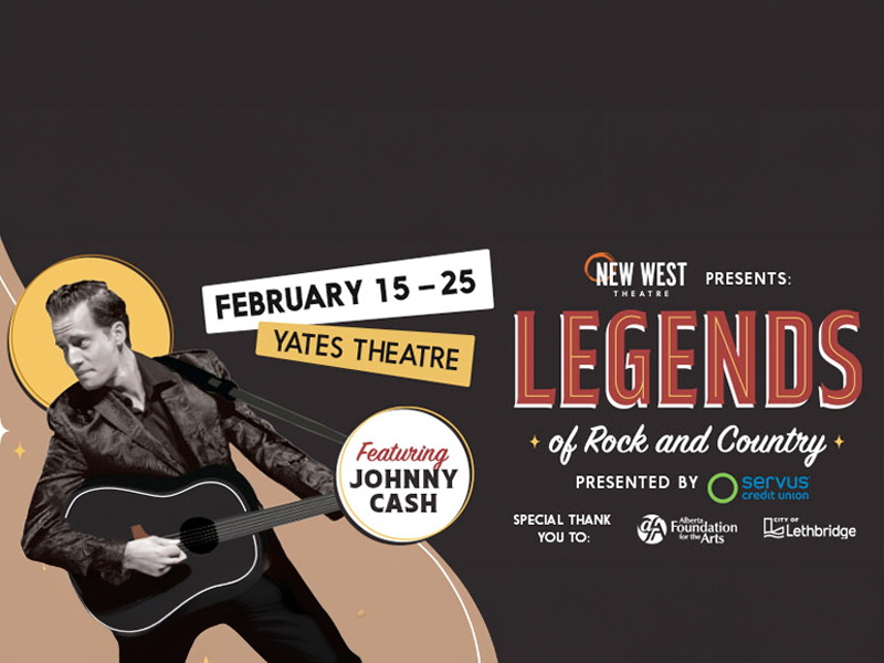 A picture of a Johnny Cash like figure with an acoustic guitar looking to the left on a two tone brown background. Text describing the "Legend of Rock and Country" presented by New West Theatre