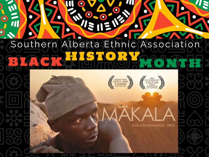 A beautiful and colourful mosaic of African cultural patterns on upper portion of the photo with an image of a African man with a beige head covering with a late sun setting background below. Text stating "Black History Month" in the center and the title "Makala" to the left of the man.