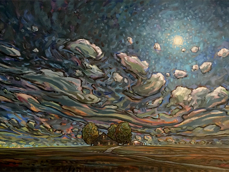 A beautiful painting of a southern Alberta skyline with clouds and the moon punching through