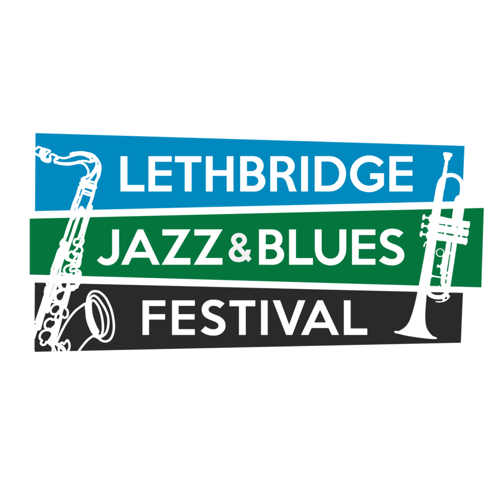 the logo for the Lethbridge Jazz and Blues Festival, a sax and trumpet on either side