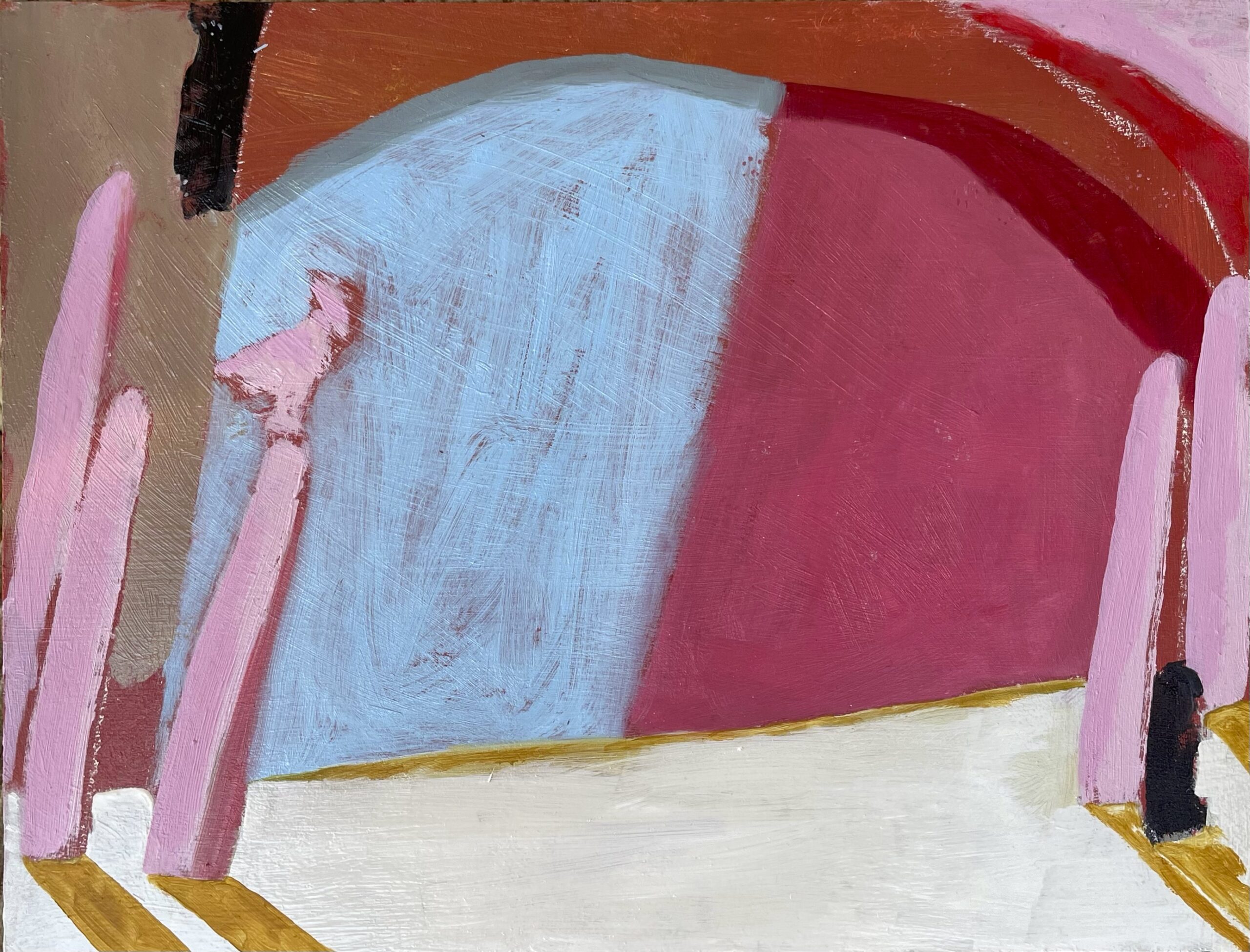 Abstract painting with pink, rust and pale blue shapes.