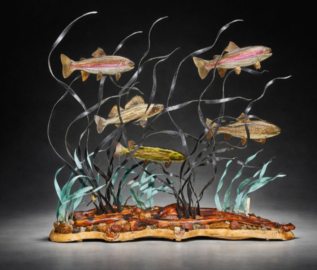 Sculpture of fish above a river floor
