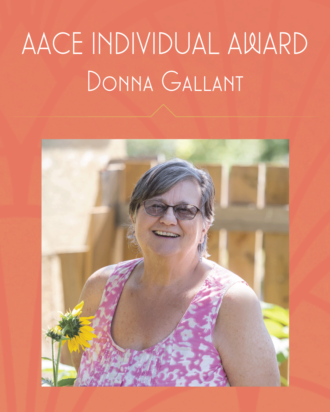 A photo of Donna Gallant on a coral background with Mayor's Luncheon logo