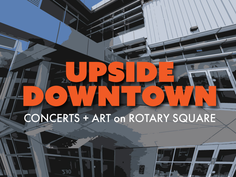 Orange Upside Downtown Wordmark on a graphic ilustration of Casa in grey.