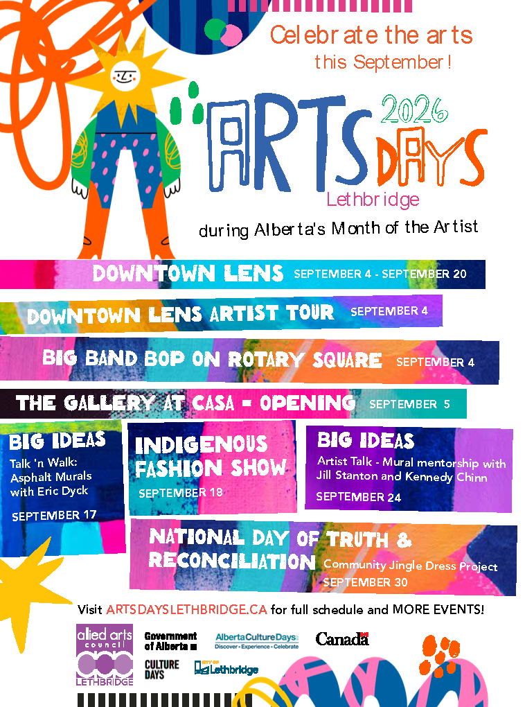 Arts Days Poster listing events with colourful sqiggles and blocks of texture and a sun-faced character.