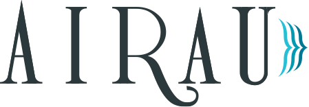 Airau wordmark in grey with a gradient turquoise stylized arrow